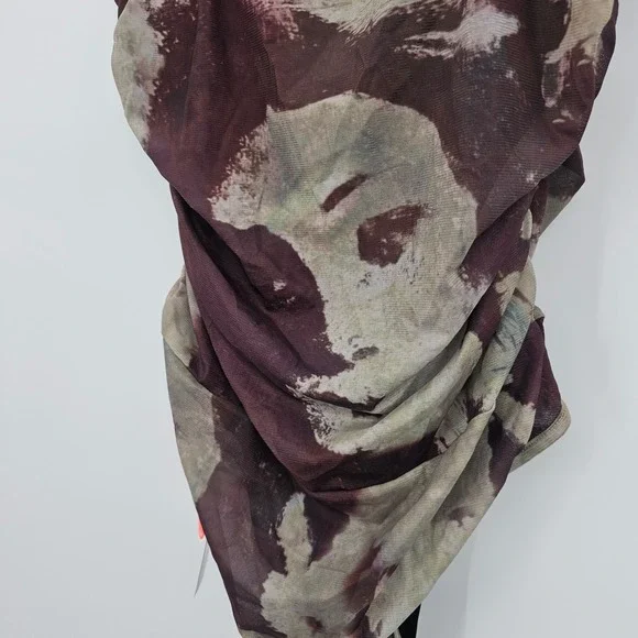 Cider Womens Abstract Portrait Graphic Mesh Bodysuit Ruched Brown Olive Large - Picture 5 of 11